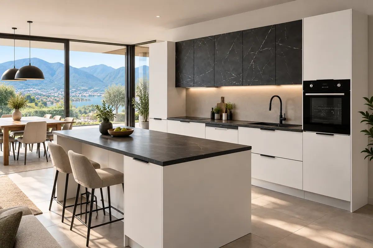 Cucina MASON con frontali in Laminato opaco Color Bianco Neve, vista a tre quarti da lato, nella zona pranzo di una casa ticinese. Gli arredi di scena non sono inclusi. Pensili, piano di lavoro, rubinetto, elettrodomestici e arredi di scena sono solo illustrativi e non fanno parte della finitura mostrata. L'isola con sgabelli è solo illustrativa e non è inclusa. Immagine illustrativa generata con intelligenza artificiale.