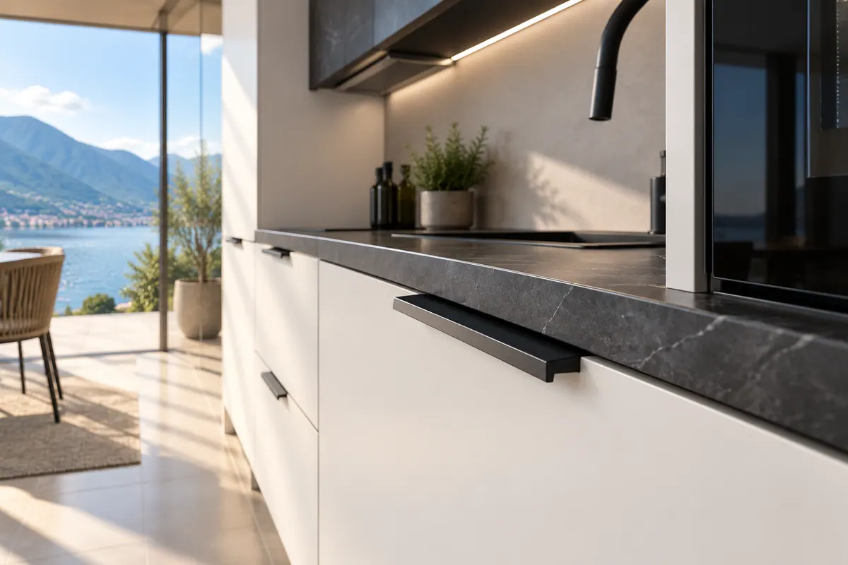 Dettaglio della cucina MASON con frontali in Laminato opaco Color Bianco Neve: maniglia nera e frontale liscio, con vetrata e lago sullo sfondo. Pensili, piano di lavoro, rubinetto, elettrodomestici e arredi di scena sono solo illustrativi e non fanno parte della finitura mostrata. Immagine illustrativa generata con intelligenza artificiale.