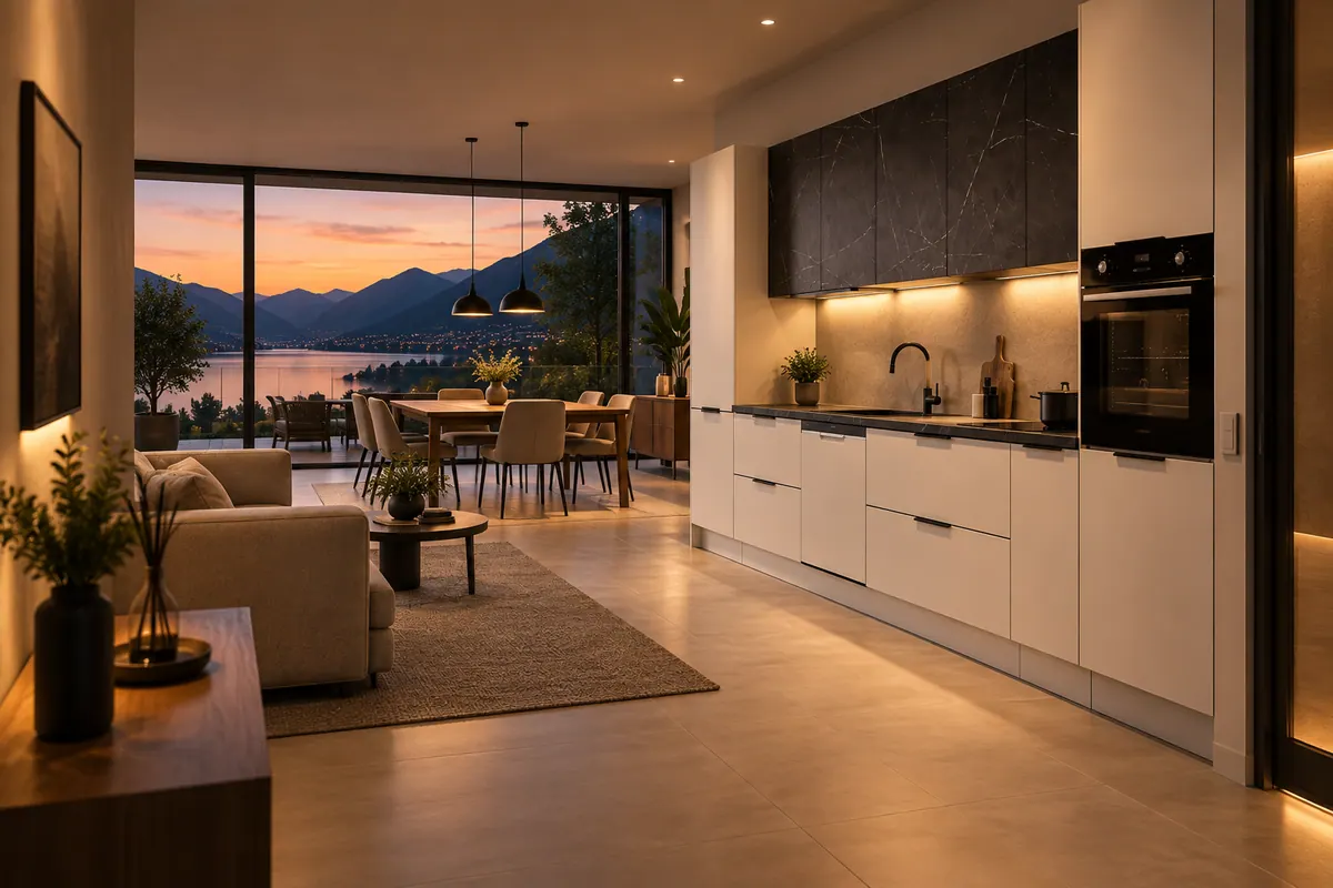 Cucina MASON con frontali in Laminato opaco Color Bianco Neve, vista dall'ingresso nella luce serale, con faretti accesi e tramonto sul lago in vetrata. Pensili, piano di lavoro, rubinetto, elettrodomestici e arredi di scena sono solo illustrativi e non fanno parte della finitura mostrata. Immagine illustrativa generata con intelligenza artificiale.