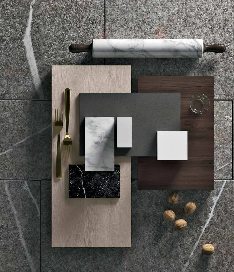 SMART · moodboard di materiali (campioni non etichettati, foto di catalogo)