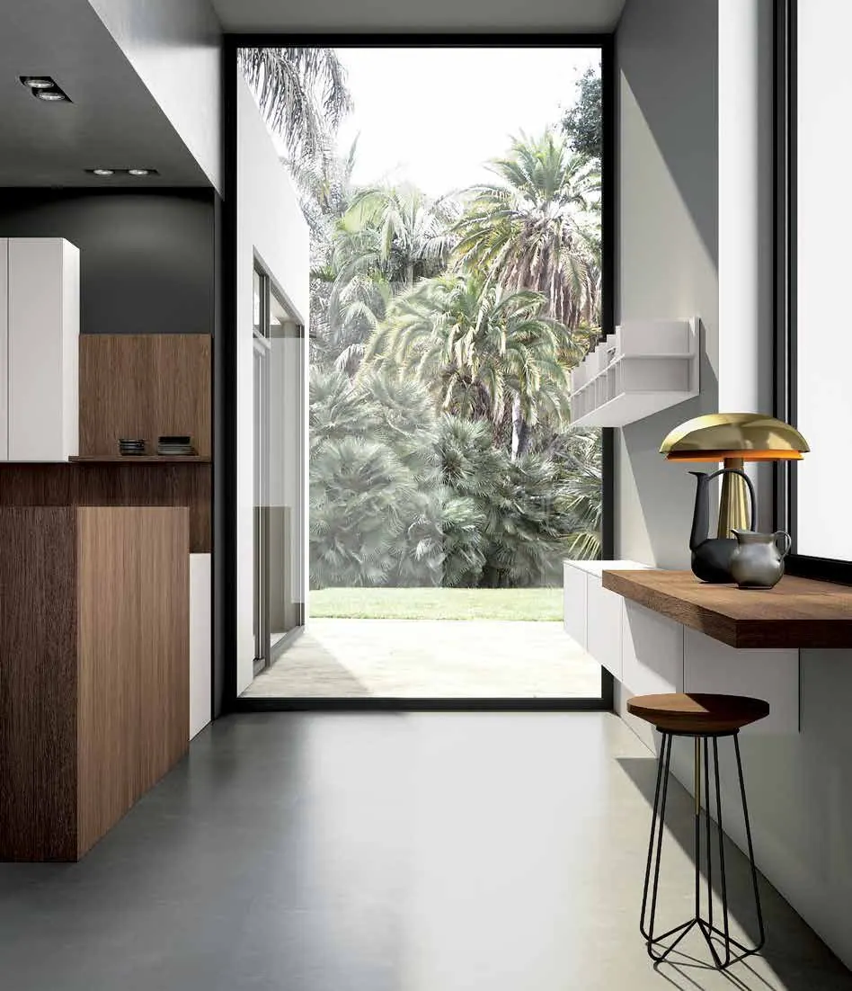 Cucina SMART, foto di catalogo: composizione in Laminato Noce e Bianco Neve (finitura scelta: Bianco Neve)