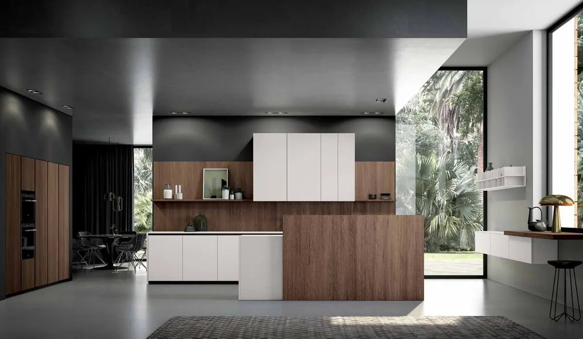 Cucina SMART, foto di catalogo: composizione in Laminato Noce e Bianco Neve (finitura scelta: Bianco Neve)