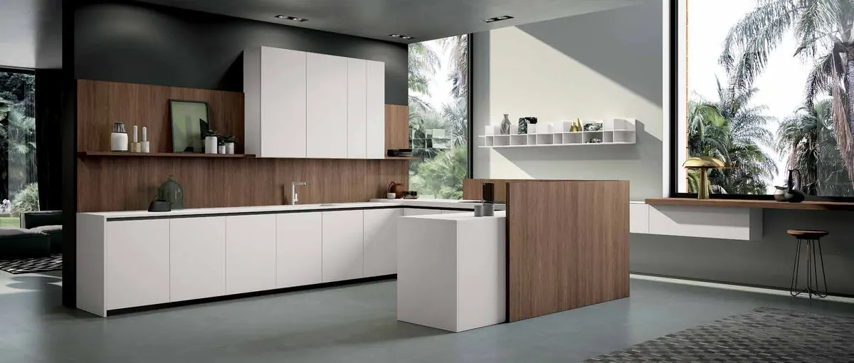 Cucina SMART, foto di catalogo: composizione in Laminato Noce e Bianco Neve (finitura scelta: Bianco Neve)